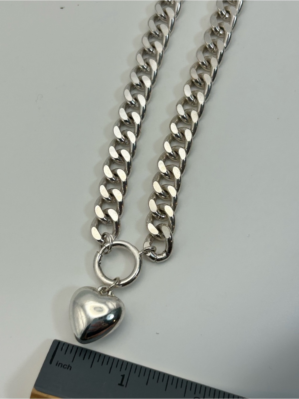 Puffy Heart Charm Curb Chain Necklace Chunky 16" Unsigned Silver-tone - Picture 10 of 12